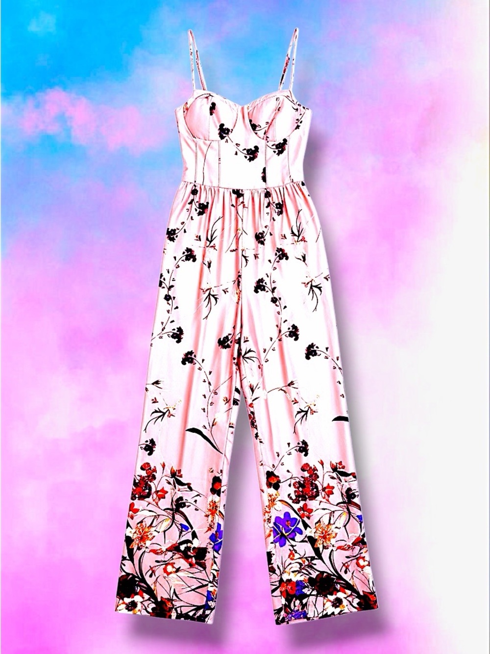 L'ATISTE Pink Floral Satin Wide-Leg Jumpsuit